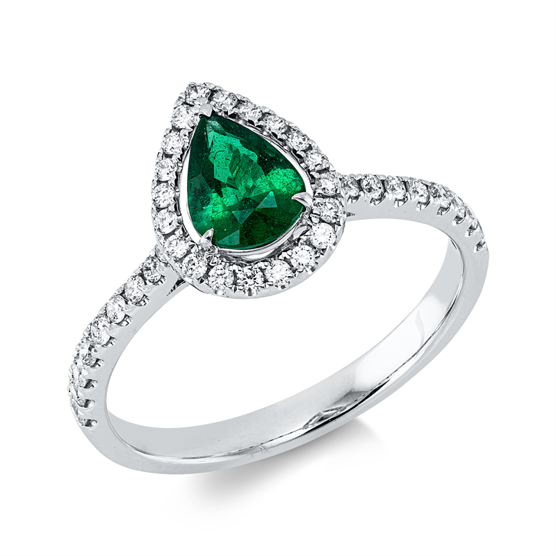 Image 90004279 - Ring 18 kt WG, 38 Brillanten 0,28 ct, TW-si, 1 Smaragd 0,50 ct grün, H:8,0 mm, B:10,6 ...