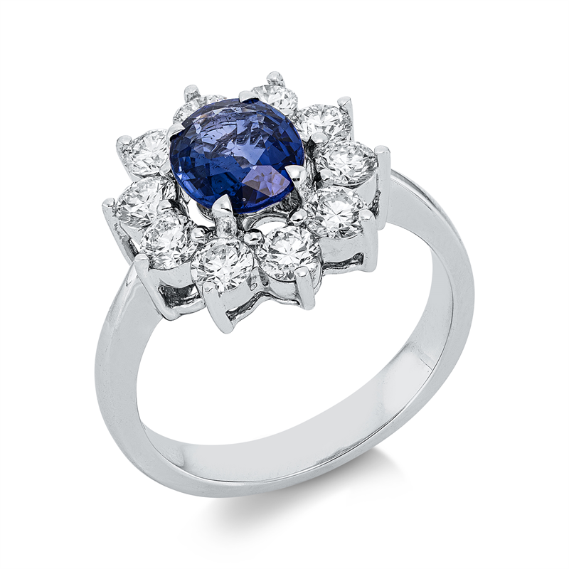 Image 90004310 - Ring 4er-Krappe 18 kt WG, 10 Brillanten 1,11 ct, TW-vsi/si, 1 Saphir 1,38 ct blau, H:13,5 ...