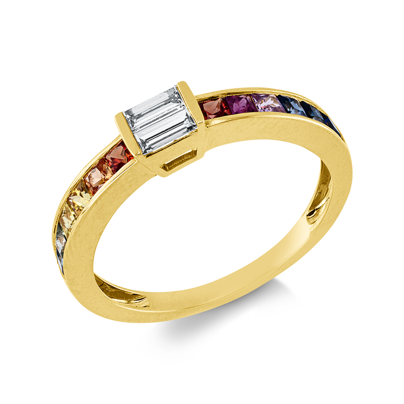 Image 90004328 - Ring 18 kt GG, 2 Baguette 0,18 ct, TW-si, 12 Saphire 0,74 ct multicolor, B:4,3 mm, ...