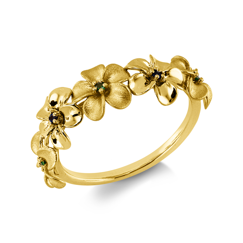 Image 90004338 - Ring 18 kt GG, partly mattiert, 3 Tsavorith 0,03 ct grün, 2 Saphire 0,03 ct blau, B:7,2 ...