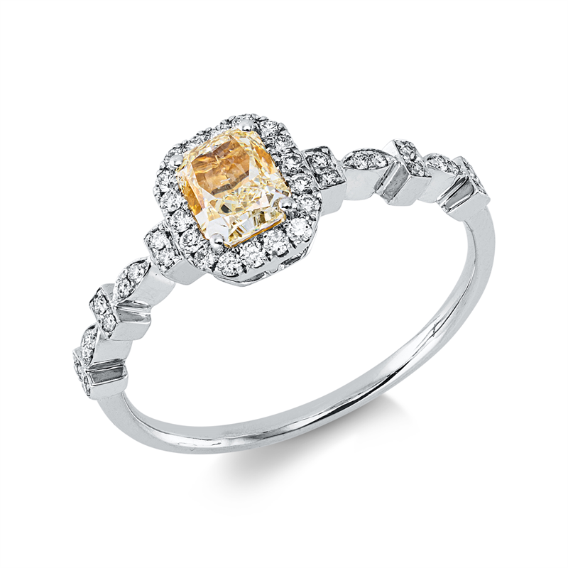 Image 90004350 - Ring 18 kt WG, 38 Brillanten 0,15 ct, TW-vsi, 1 Cushion 0,61 ct, gelb, B:7,5 mm, ...