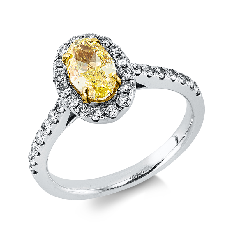 Image 90004351 - Ring 4er-Krappe 18 kt WG GG, GIA5182312296, 1 Oval 1,01 ct, gelb-vs2, 30 Brillanten 0,43 ...