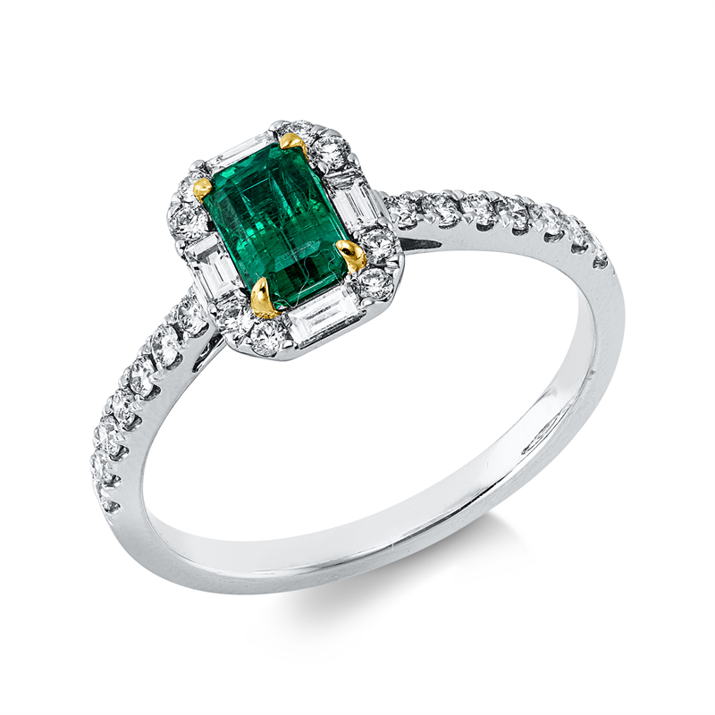 Image 90004359 - Ring 18 kt WG GG, 4 Baguette 0,12 ct, TW-vsi/si, 22 Brillanten 0,23 ct, TW-si, 1 Smaragd ...