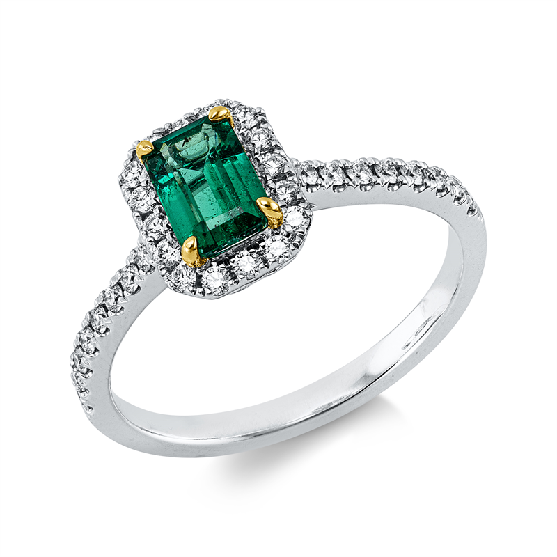 Image 90004360 - Ring 18 kt WG GG, 32 Brillanten 0,27 ct, TW-si, 1 Smaragd 0,64 ct grün, H:7,2 mm, B:8,8 ...