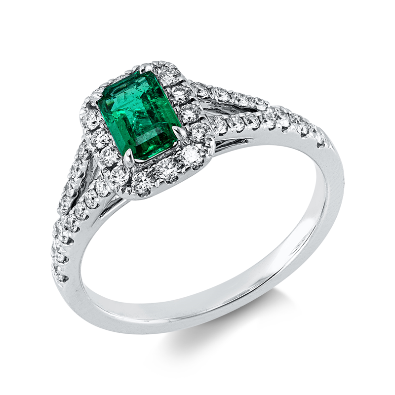 Image 90004361 - Ring 18 kt WG, 36 Brillanten 0,42 ct, TW-si, 1 Smaragd 0,52 ct grün, H:7,3 mm, B:9,0 mm, ...