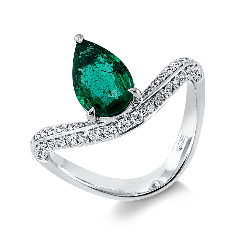 Image 90004362 - Ring 18 kt WG, 39 Brillanten 0,38 ct, TW-si, 1 Smaragd 0,97 ct grün, H:6,0 mm, B:11,5 ...