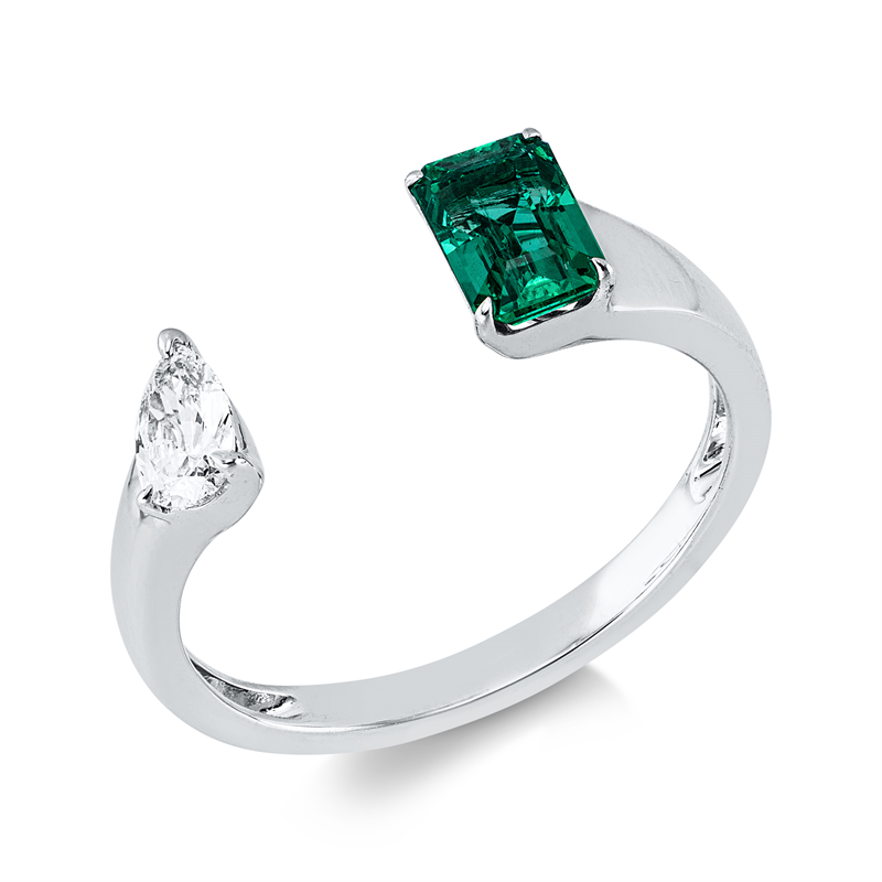 Image 90004363 - Ring 18 kt WG, 1 Tropfen 0,19 ct, TW-si, 1 Smaragd 0,62 ct grün, H:14,5 mm, B:6,1 mm, ...