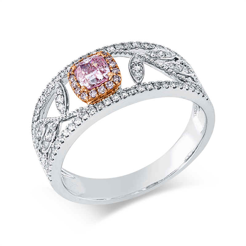 Image 90004368 - Ring 18 kt WG RG, GIA 6395801828, 1 Cushion 0,31 ct, pink-pi, 92 Brillanten 0,29 ct, ...
