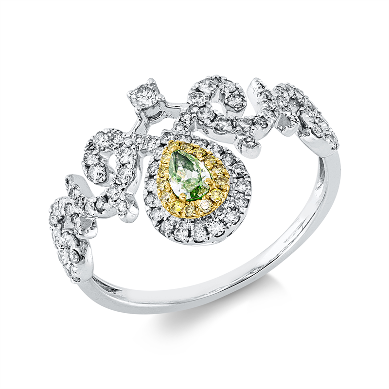 Image 90004369 - Ring 18 kt WG GG, 69 Brillanten 0,38 ct, TW-si, 1 Tropfen 0,11 ct, grün, 14 Brillanten ...