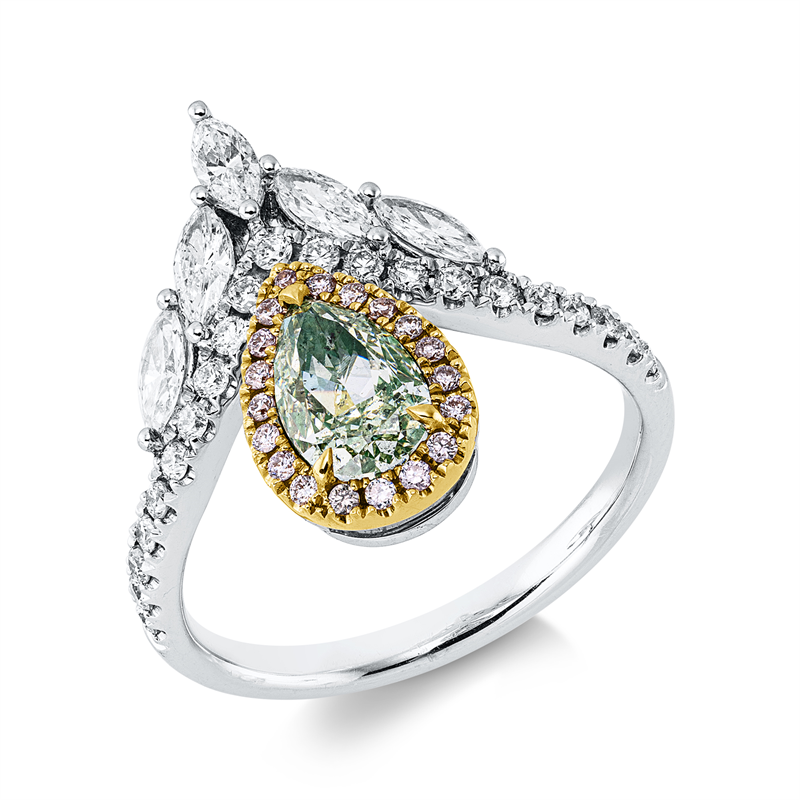 Image 90004371 - Ring 18 kt WG RG, GIA x 1 pc, 5 Navette 0,39 ct, TW-si, 40 Brillanten 0,32 ct, TW-si, 1 ...