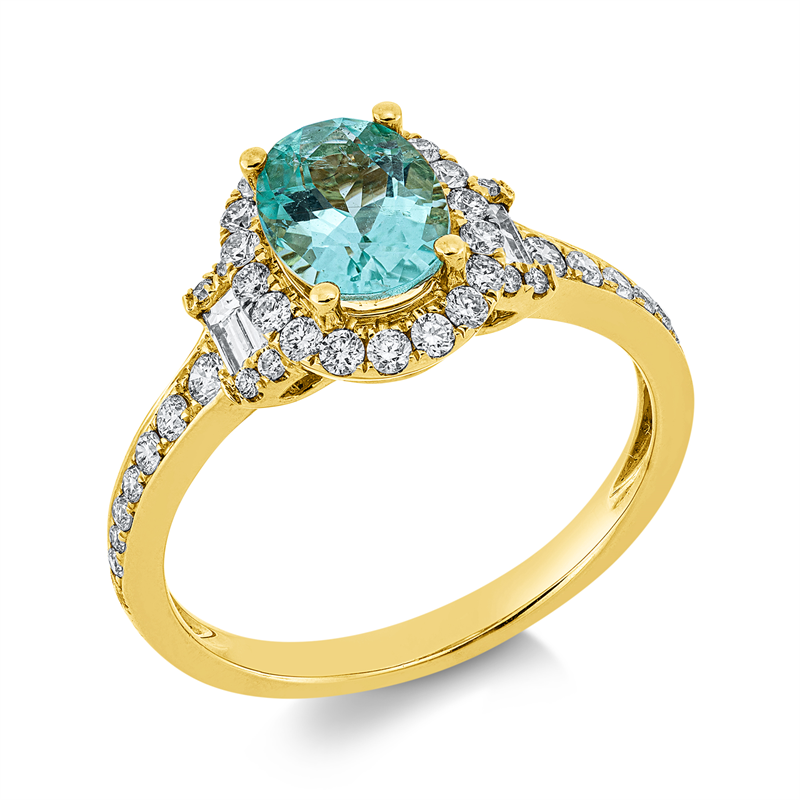 Image 90004383 - Ring 18 kt GG, 2 Baguette 0,17 ct, TW-si, 40 Brillanten 0,41 ct, TW-si, 1 Paraiba 1,14 ct ...