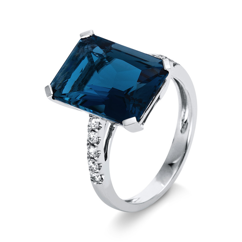 Image 90003146 - Ring 4er-Krappe 18 kt WG, 10 Brillanten 0,23 ct, TW-si, 1 Blautopas 9,50 ct Lond. blue, ...