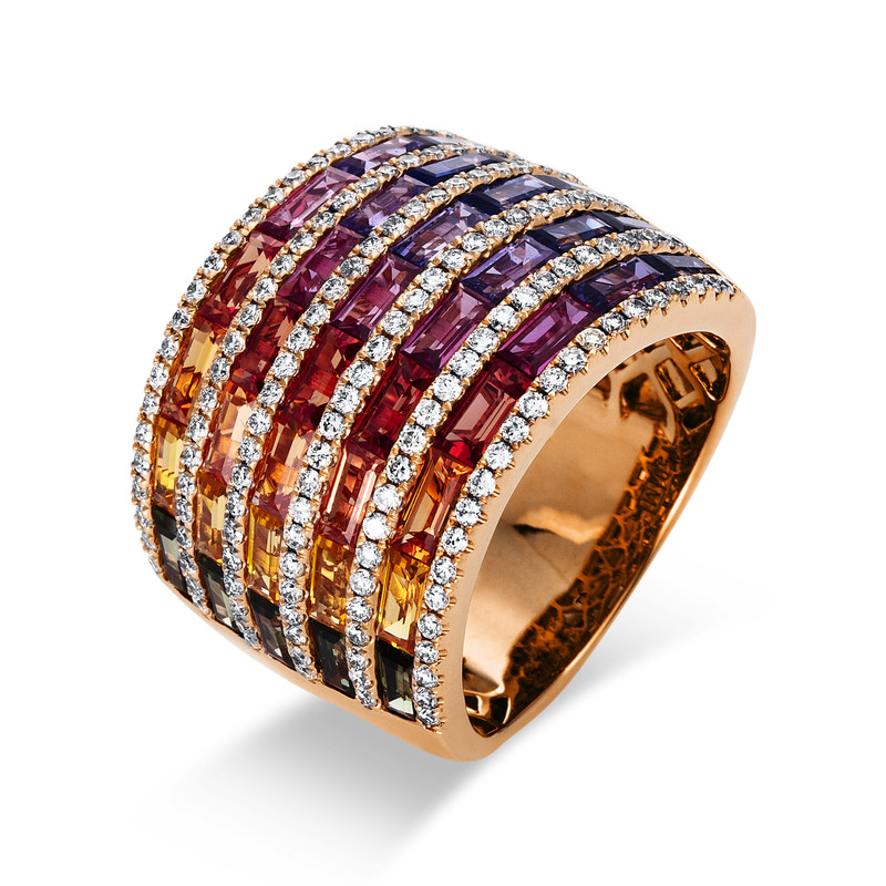 Image 90004431 - Ring 18 kt RG, 150 Brillanten 0,72 ct, TW-si, 38 Saphire 5,02 ct fancy, ...