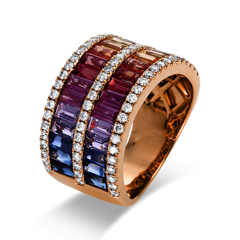 Image 90004432 - Ring 18 kt RG, 69 Brillanten 0,59 ct, TW-si, 30 Saphire 4,22 ct fancy, ...