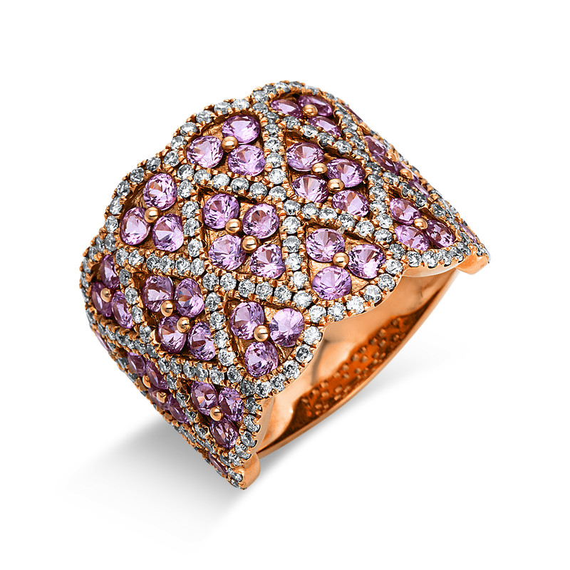 Image 90004441 - Ring 18 kt RG, 176 Brillanten 1,13 ct, TW-vsi/si, 48 Saphire 3,05 ct pink, ...