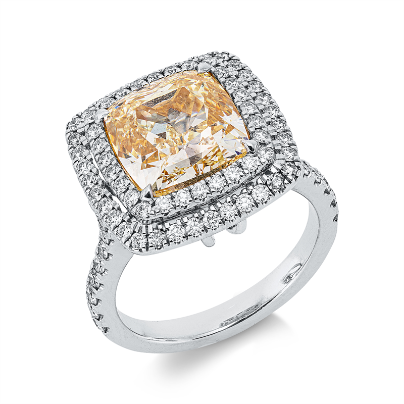 Image 90004567 - Ring 4er-Krappe 18 kt WG, GIA2286590370, 1 Cushion 5,33 ct, gelb-si, 82 Brillanten 0,82 ...