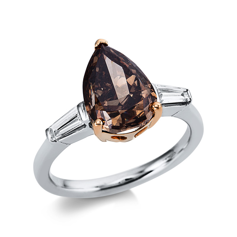 Image 90004723 - Ring 18 kt WG GG, 2 Baguette 0,29 ct, TW-si, 1 Tropfen 4,02 ct, braun, H:8,4 mm, B:12,0 ...