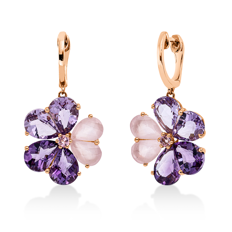 Image 90004915 - Ohrschmuck 18 kt RG, 4 Rosenquarz 2,50 ct rosé, 4 Amethyste 3,70 ct pink, 4 Amethyste ...