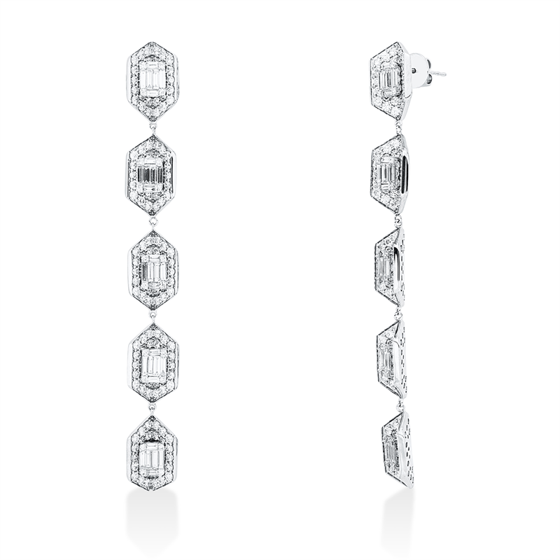 Image 90005206 - Ohrschmuck 18 kt WG, 60 Baguette 1,60 ct, TW-vsi, 340 Brillanten 5,32 ct, TW-si, H:80,0 ...