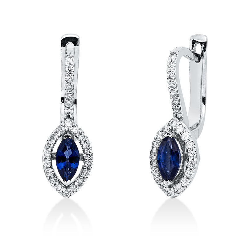 Image 90005023 - Creolen 18 kt WG, 50 Brillanten 0,30 ct, F-si, 2 Saphire 0,59 ct blau, H:21,4 mm, B:6,3 ...