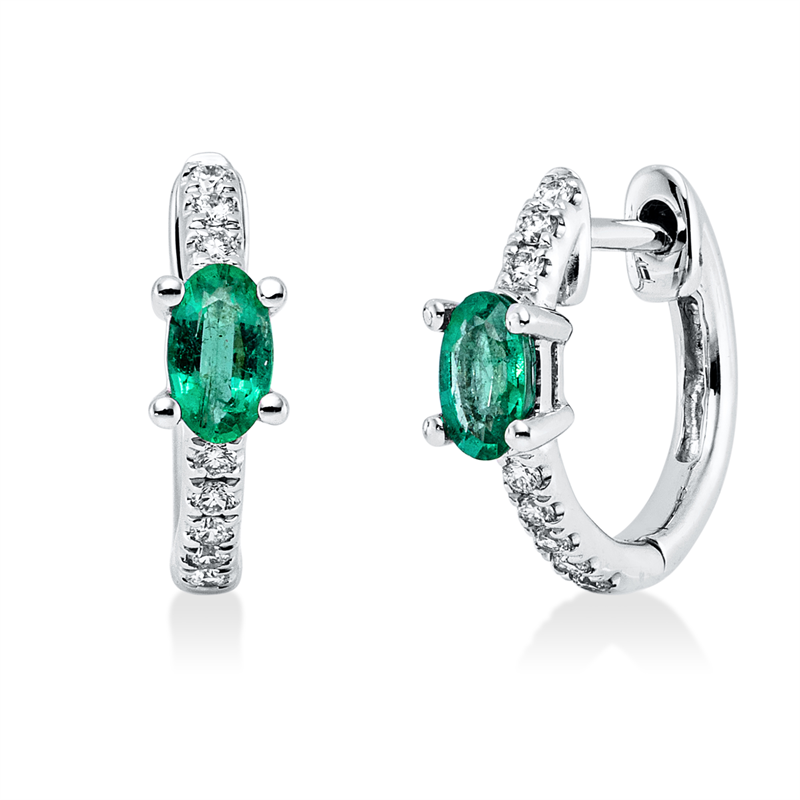 Image 90007685 - Creolen 14 kt WG, 16 Brillanten 0,12 ct, TW-si, 2 Smaragde 0,37 ct grün, H:12,6 mm, ...