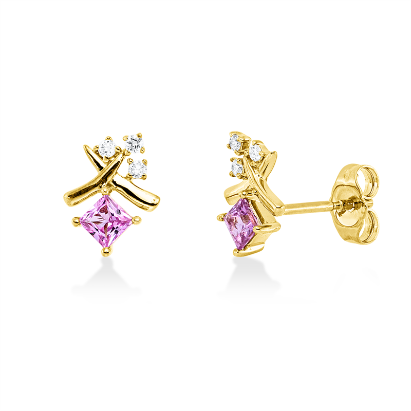 Image 90007450 - Ohrstecker 14 kt GG, 6 Brillanten 0,07 ct, W-si/pi, 2 Saphire 0,42 ct pink, H:9,9 mm, ...
