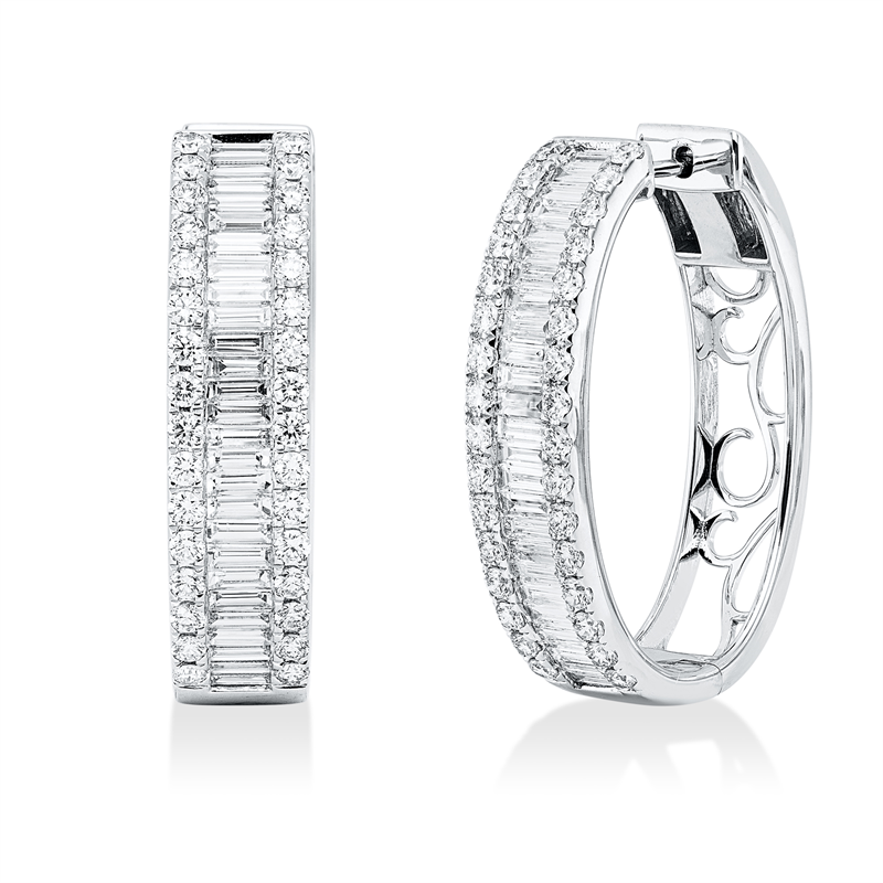 Image 90007458 - Creolen 18 kt WG, 64 Baguette 1,51 ct, F-vsi/si, 51 Brillanten 1,99 ct, F-vsi/si, H:30,5 ...