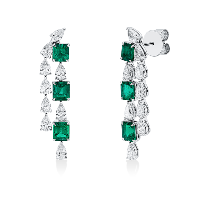 Image 90007861 - Ohrschmuck 18 kt WG, 18 Tropfen 3,26 ct, F-vvs/vs, 6 Smaragde 3,65 ct grün, H:39,0 mm, ...