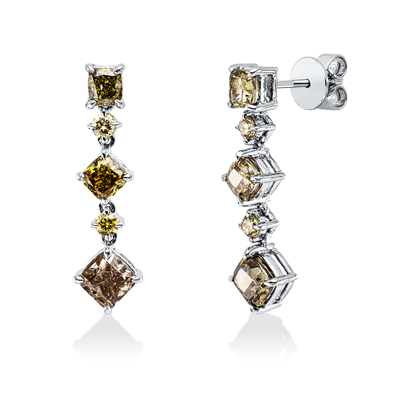 Image 90008002 - Ohrschmuck 18 kt WG, 6 Fant-Schl. 2,59 ct, braun, 4 Brillanten 0,26 ct, gelb, H:25,5 mm, ...