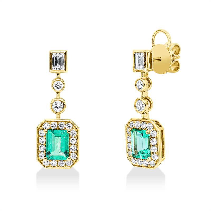 Image 90007881 - Ohrschmuck 18 kt GG, 2 Baguette 0,34 ct, TW-si, 36 Brillanten 0,64 ct, TW-si, 2 Smaragde ...
