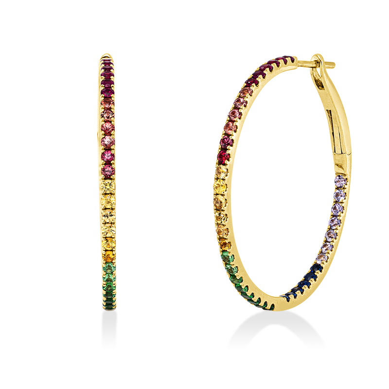 Image 90007910 - Creolen 18 kt GG, 50 Saphire 1,23 ct multicolor, 16 Tsavorith 0,39 ct grün, 12 Rubine ...