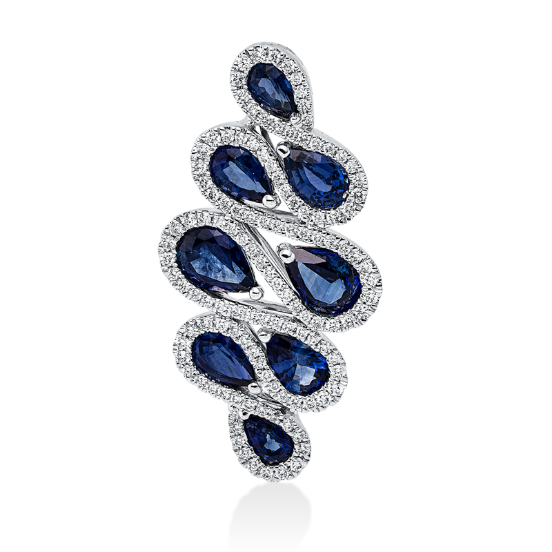 Image 90008594 - Anhänger 18 kt WG, 121 Brillanten 0,53 ct, TW-si, 8 Saphire 4,04 ct blau, H:34,7 mm, ...