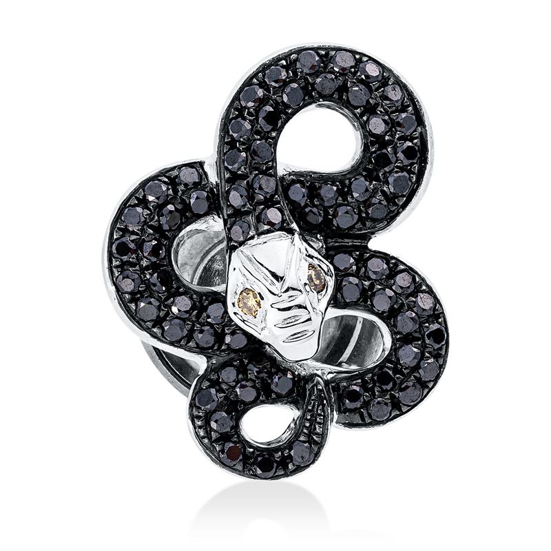 Image 90008618 - Brosche 18 kt WG Schlange, Fassung teils schwarz rhodinie, 2 Brillanten 0,02 ct, gelb, 68 ...