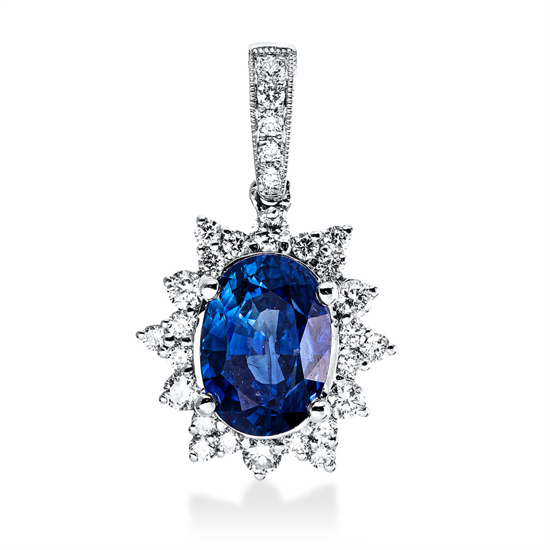 Image 90008621 - Anhänger 18 kt WG, mit Öse, 29 Brillanten 0,38 ct, F, 1 Saphir 3,26 ct blau, H:20,9 mm, ...
