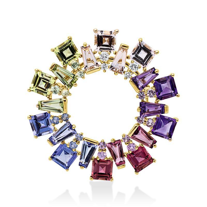 Image 90008632 - Brosche 18 kt GG, 4 Brillanten 0,09 ct, TW-si, 12 Saphire 0,33 ct multicolor, 20 ...