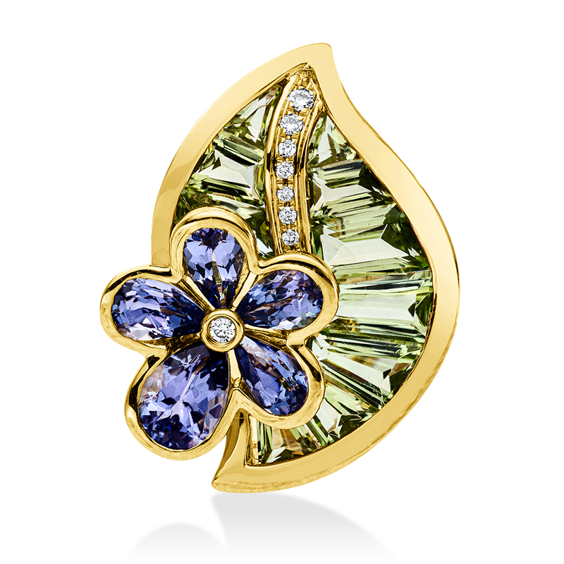 Image 90008667 - Brosche 18 kt GG, 9 Brillanten 0,04 ct, TW-si, 10 Peridot 2,60 ct grün, 5 Tansanit 1,40 ...