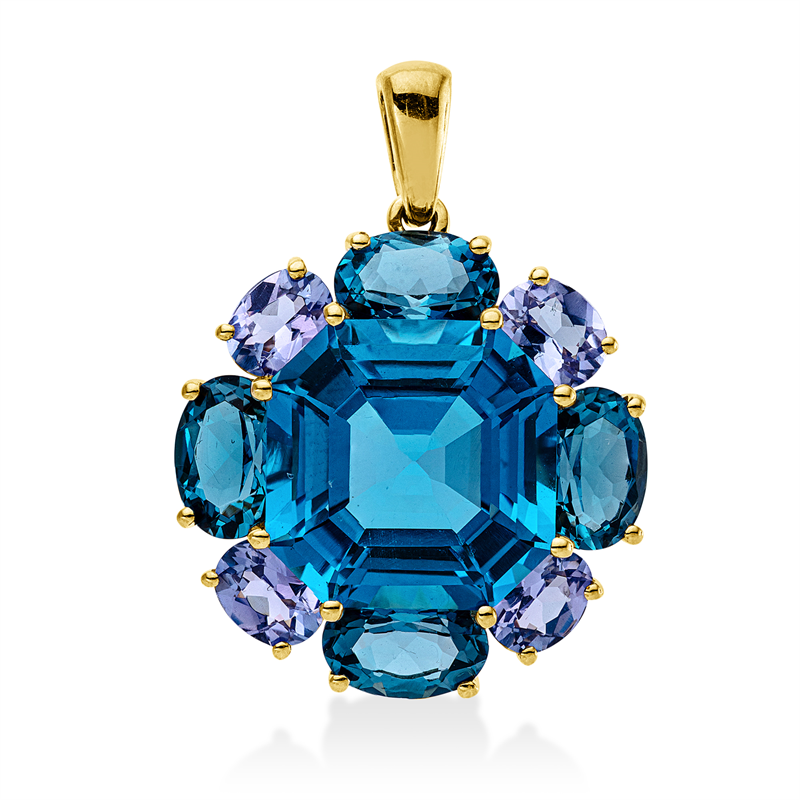 Image 90008671 - Anhänger 18 kt GG, mit Öse, 4 Topase 3,80 ct Lond. blue, 1 Topas 9,80 ct blau, 4 ...