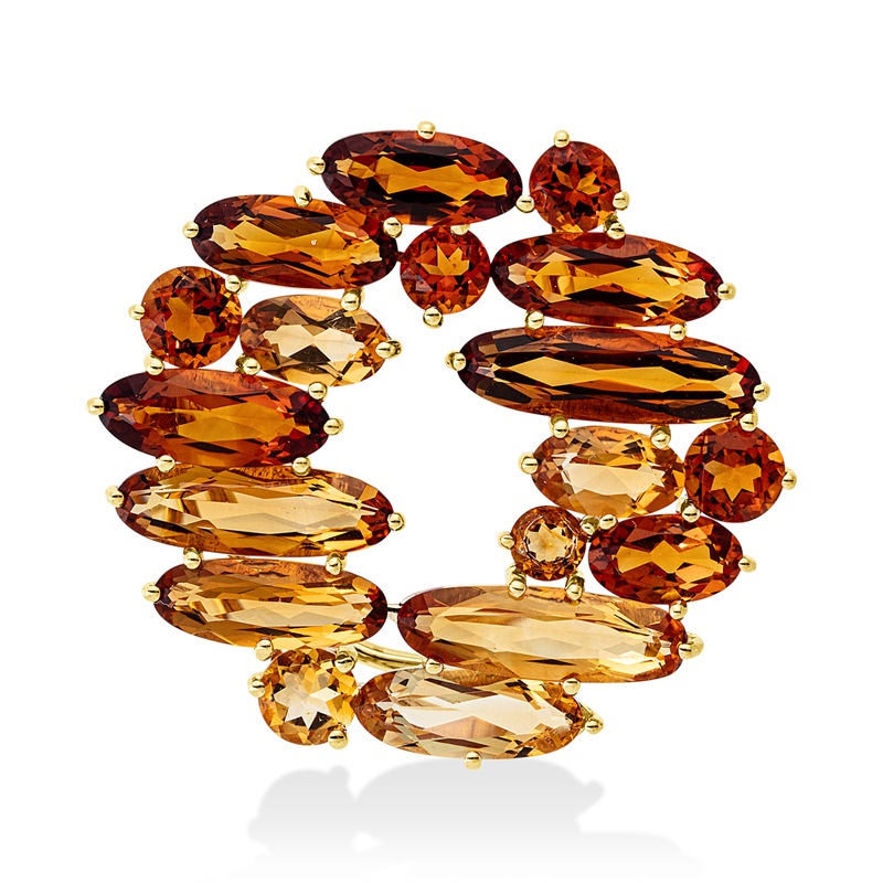Image 90008700 - Brosche 18 kt GG, brooch & pendant, 10 Citrin 4,10 ct mandarin, 8 Citrin 3,90 ct gelb, ...