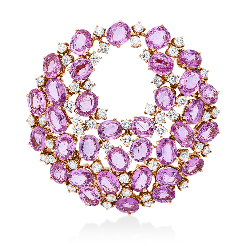 Image 90008710 - Anhänger 18 kt RG, 50 Brillanten 3,77 ct, TW-si, 34 Saphire 36,57 ct pink, H:52,2 mm, ...