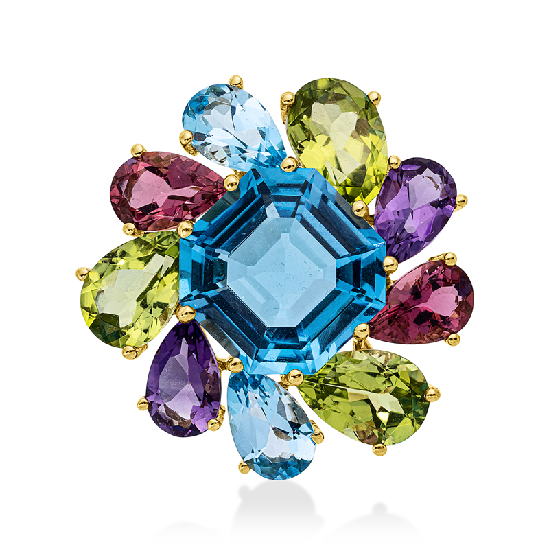 Image 90008767 - Anhänger 18 kt GG, 2 Topase 1,90 ct blau, 2 Amethyste 1,50 ct lila, 3 Peridot 4,60 ct ...