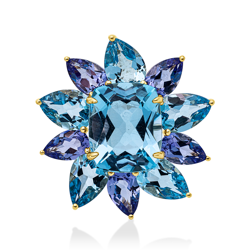 Image 90008769 - Anhänger 18 kt GG, 5 Topase 3,90 ct blau, 1 Topas 5,10 ct blau, 5 Tansanit 2,20 ct blau, ...