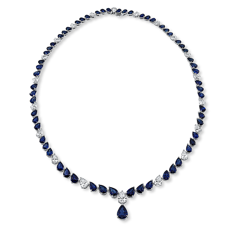 Image 90009005 - Collier 18 kt WG, 3 GIA, 17 Tropfen 4,53 ct, D-vvs/vs, 61 Saphire 30,18 ct blau, 3 ...