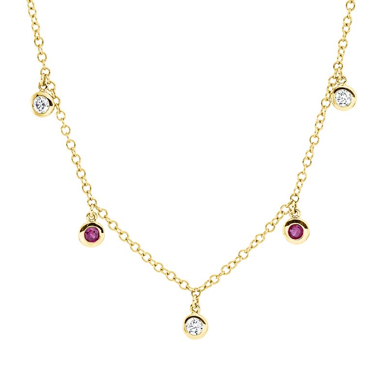 Image Collier 18 kt GG, mit ZÖ 42 cm, 3 Brillanten 0,15 ct, TW-si, 4 Rubine 0,26 ct rot, ...