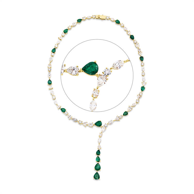 Image 90008950 - Collier 18 kt GG, 8 Tropfen 4,22 ct, gelb, 44 Fant-Schl. 12,68 ct, gelb, 15 Smaragde ...