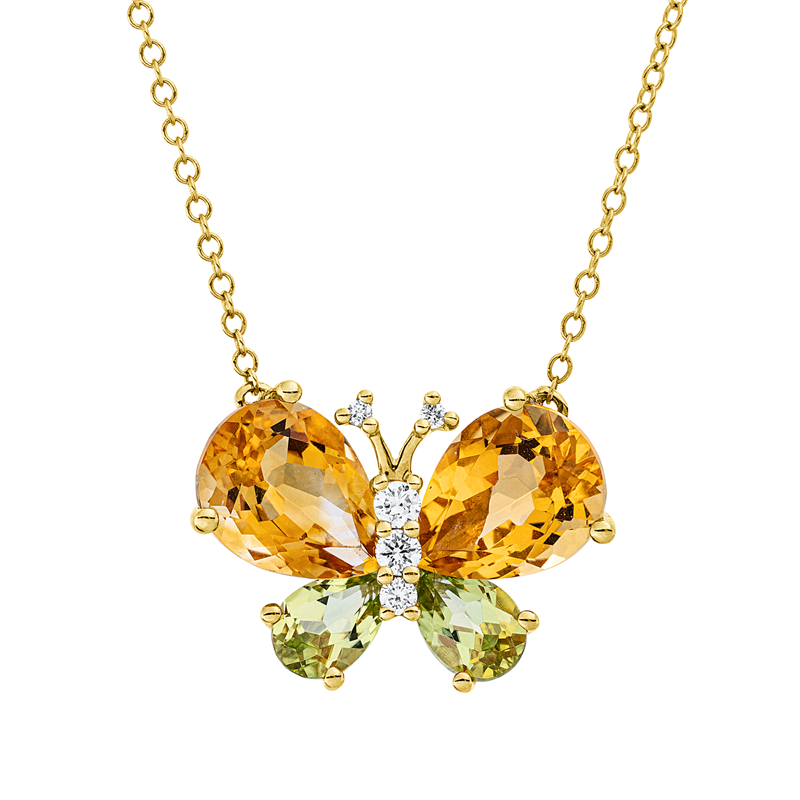 Image 90009170 - Collier 18 kt GG Schmetterling, mit ZÖ 40,6 cm, 5 Brillanten 0,10 ct, TW-si, 2 Citrin ...
