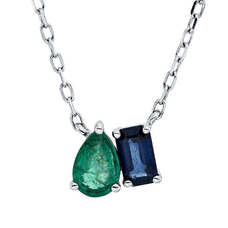 Image 90010468 - Collier 18 kt WG, mit ZÖ 40.6cm,43.2cm, 1 Smaragd 0,31 ct grün, 1 Saphir 0,30 ct blau, ...