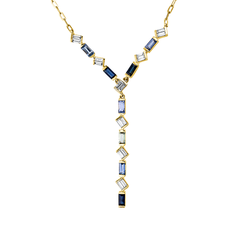 Image 90010579 - Collier 18 kt GG, mit ZÖ 40,6 cm, 16 Baguette 0,35 ct, TW-vsi, 1 Saphir 0,13 ct grün, 7 ...