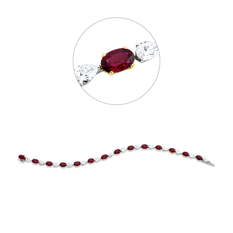 Image 90010624 - Armband 18 kt WG GG, 14 Tropfen 3,84 ct, F-vsi, 14 Rubine 5,30 ct rot, H:4,6 mm, L:19,0 ...