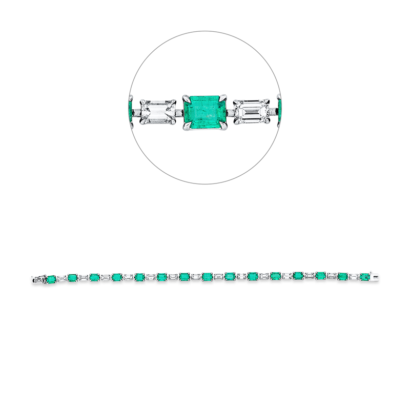 Image 90009441 - Armband 18 kt WG, 15 Baguette 2,89 ct, F-vvs/vs, 15 Smaragde 5,19 ct, B:4,0 mm, L:16,5 ...