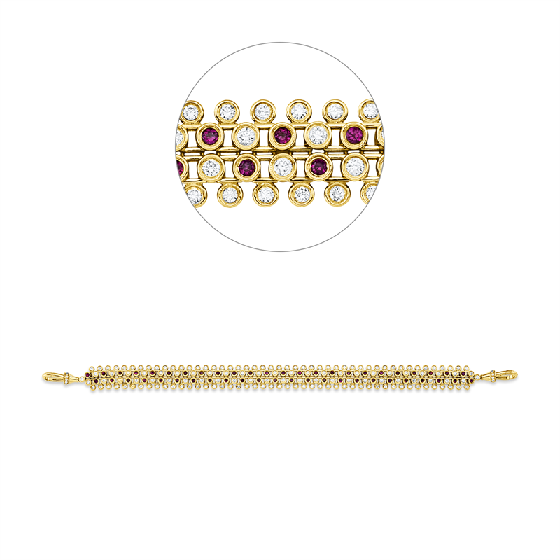 Image 90009360 - Armband 14 kt GG, 144 Brillanten 2,03 ct, TW-si, 24 Brillanten 0,12 ct, TW-si, 48 Rubine ...